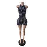 Printed polka dot elastic jumpsuit with hanging neck and jumpsuit shorts