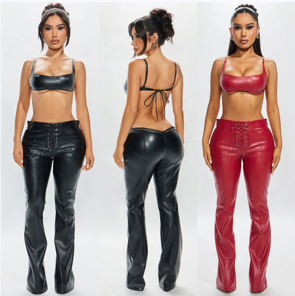 PU leather set sleeveless hanging neck V-shaped rope wearing leather pants two-piece set