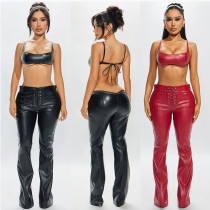 PU leather set sleeveless hanging neck V-shaped rope wearing leather pants two-piece set PU leather set sleeveless hanging neck V-shaped rope wearing leather pants two-piece set