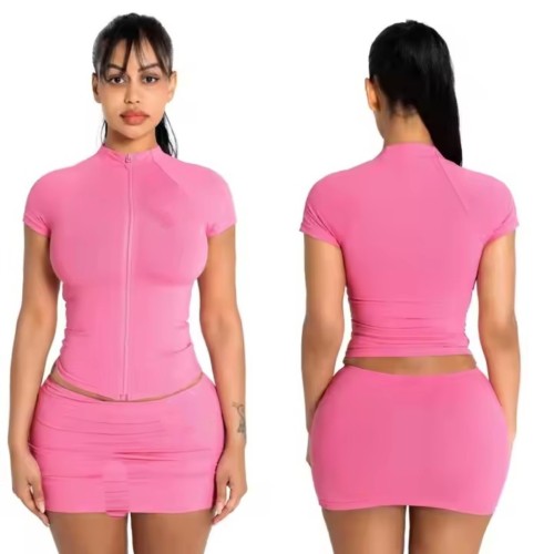 Zipper short tight fitting top, hip hugging skirt set