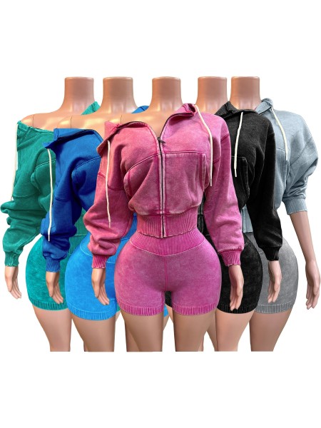 Washed Zipper Hooded Velvet Top Shorts Sport Two Piece Set