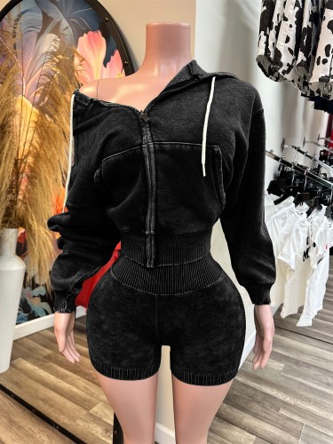 Washed Zipper Hooded Velvet Top Shorts Sport Two Piece Set