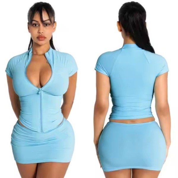 Zipper short tight fitting top, hip hugging skirt set