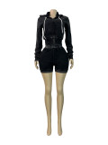 Washed Zipper Hooded Velvet Top Shorts Sport Two Piece Set