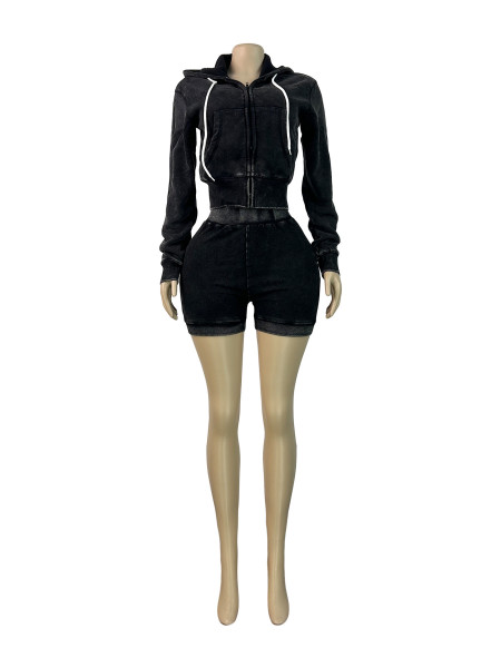 Washed Zipper Hooded Velvet Top Shorts Sport Two Piece Set