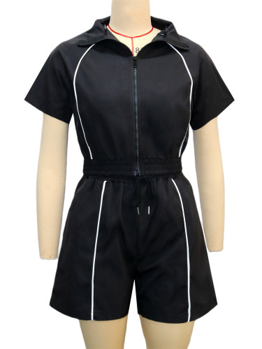 Woven contrasting line top, wide leg elastic buckle sports shorts two-piece set