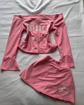 Hot stamping one shoulder cardigan and short skirt set