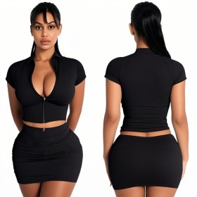 Zipper short tight fitting top, hip hugging skirt set