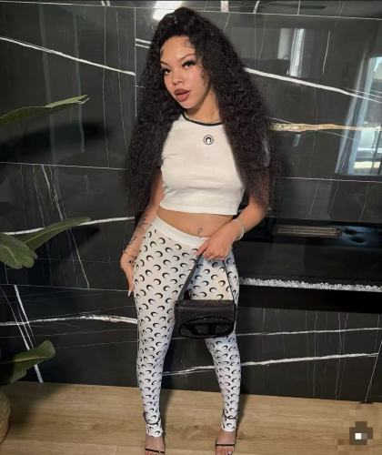 Moon print elastic base top and pants set
