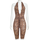 Printed deep V-neck strap, large backless one-piece five piece pants