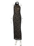 Lace backless patchwork high waisted sleeveless hip hugging dress