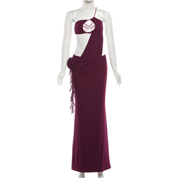 Waist wrapped chest bead chain flower slanted shoulder suspender dress