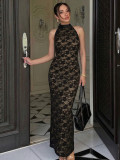 Lace backless patchwork high waisted sleeveless hip hugging dress