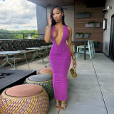 Deep V-neck metal hanging neck long dress