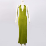 Deep V-neck metal hanging neck long dress