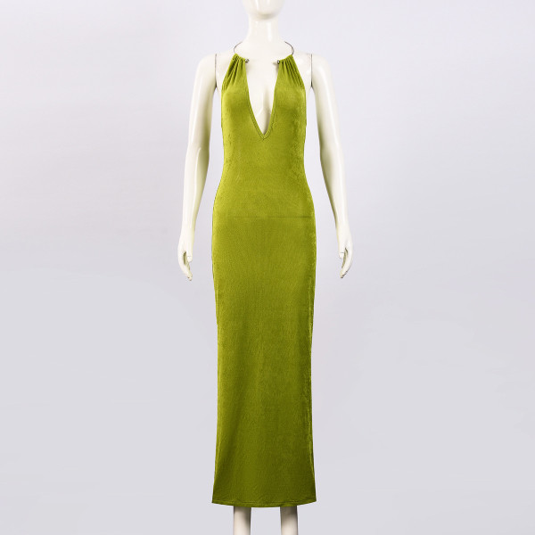 Deep V-neck metal hanging neck long dress