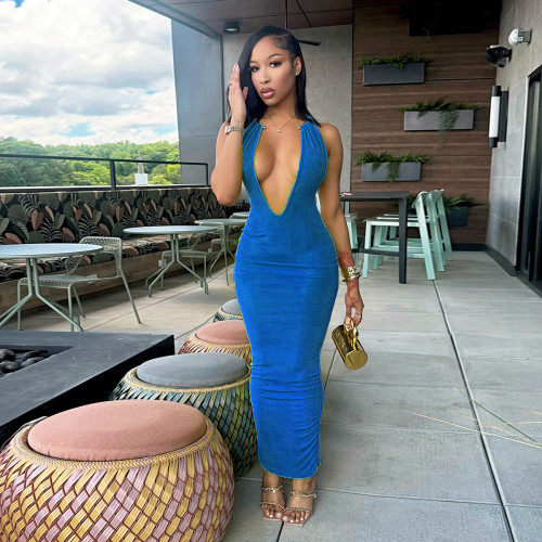 Deep V-neck metal hanging neck long dress