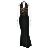 Hanging neck lace hip hugging backless long skirt