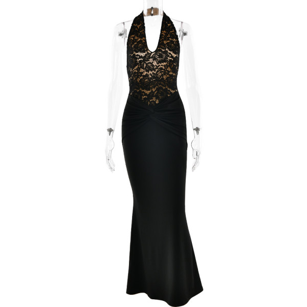 Hanging neck lace hip hugging backless long skirt
