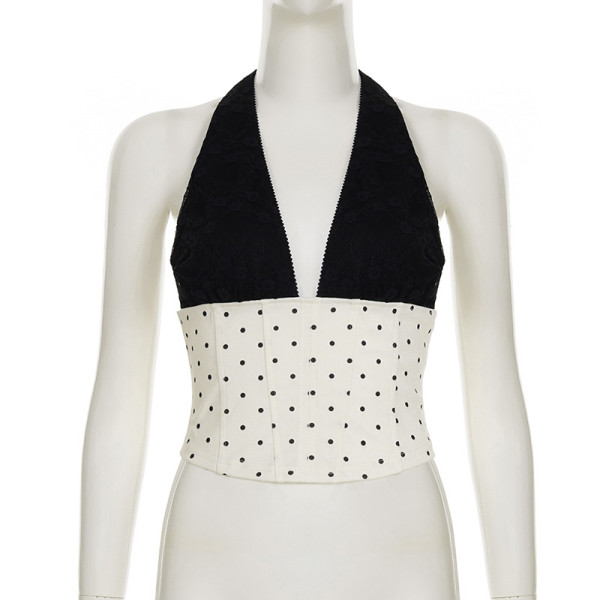 Lace patchwork neck strap top, hip hugging skirt set