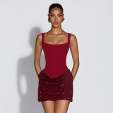 Strap patchwork sequin dress