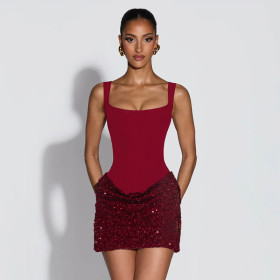 Strap patchwork sequin dress