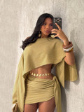 Slant collar off shoulder top with straps, hip hugging short skirt set