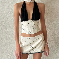 Lace patchwork neck strap top, hip hugging skirt set