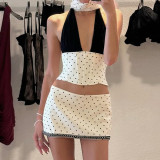 Lace patchwork neck strap top, hip hugging skirt set