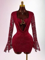 Lace perspective spliced metal hip hugging short skirt dress