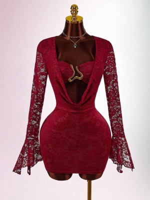 Lace perspective spliced metal hip hugging short skirt dress