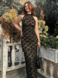 Lace backless patchwork high waisted sleeveless hip hugging dress