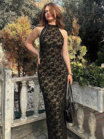 Lace backless patchwork high waisted sleeveless hip hugging dress