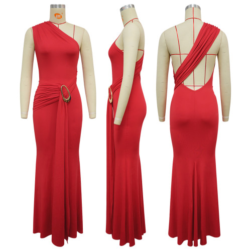 Metal decoration backless dress, one shoulder dress