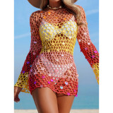 Knitted hollowed out pullover round neck long sleeved bikini