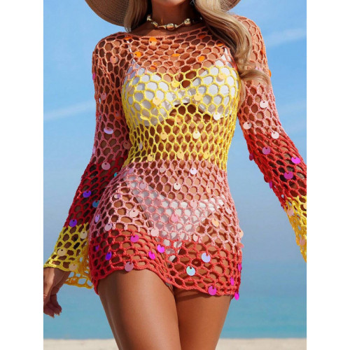 Knitted hollowed out pullover round neck long sleeved bikini