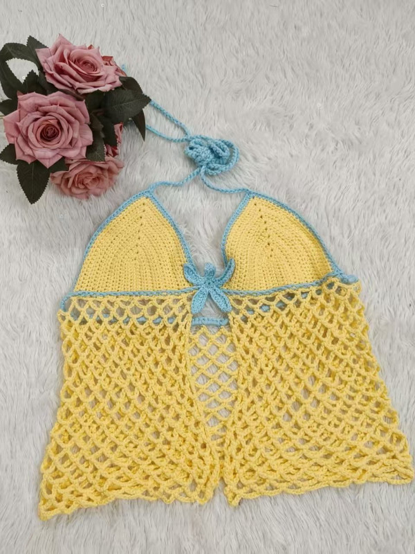 Yellow blue contrasting starfish crochet bikini hand woven top