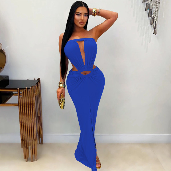Solid color backless slit strapless dress