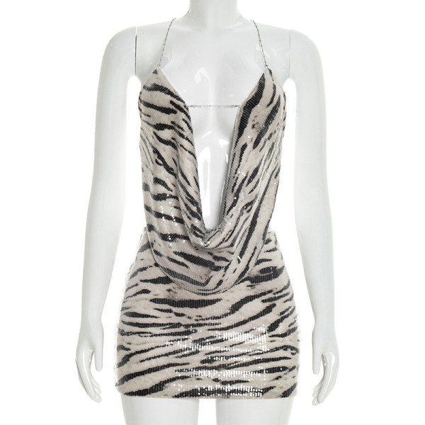 Zebra print sequined wave neck backless top, tight fitting half skirt two-piece set