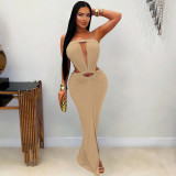 Solid color backless slit strapless dress