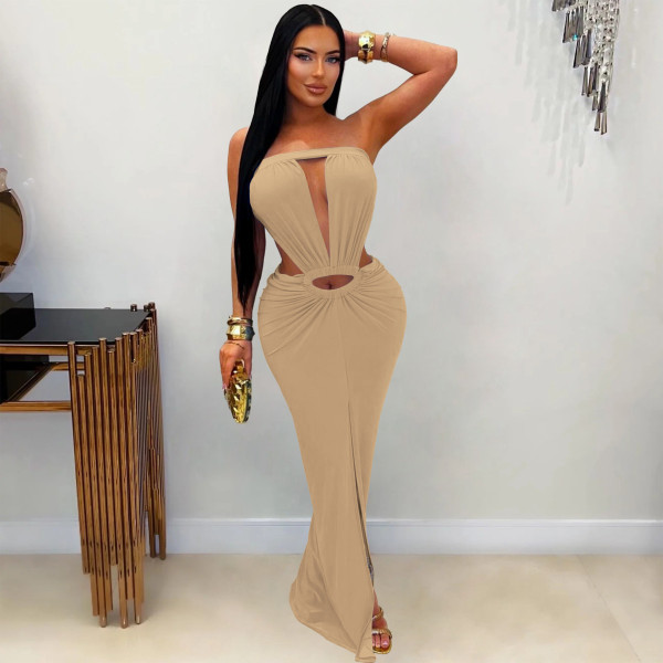 Solid color backless slit strapless dress