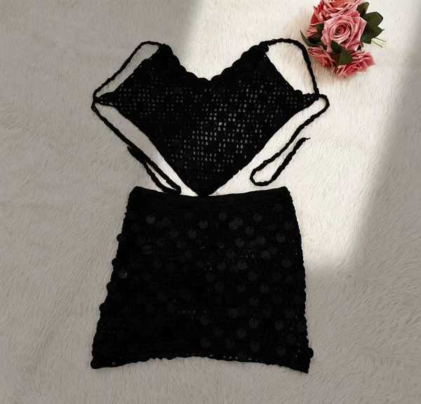 Sequin splicing pure hand hook bikini two-piece cover up