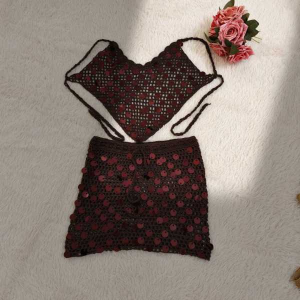 Sequin splicing pure hand hook bikini two-piece cover up