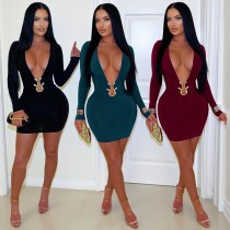 Deep V metal accessory long sleeved hip hugging dress Deep V metal accessory long sleeved hip hugging dress