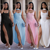 Solid color split ribbon dress set Solid color split ribbon dress set