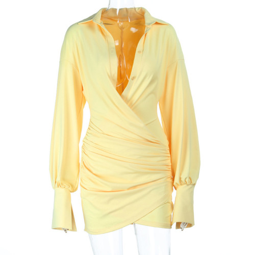 Deep V-neck pleated hip hugging shirt dress