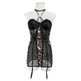 Lace patchwork leopard print breathable hollow steel ring gathered dress