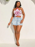 Color blocking flower hanging neck backless top