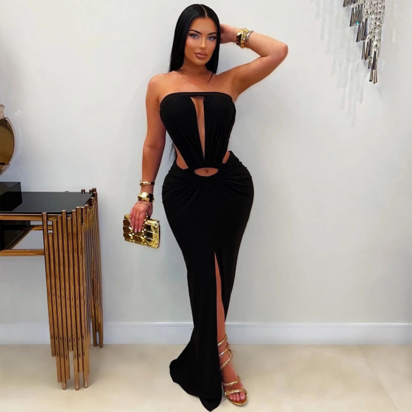 Solid color backless slit strapless dress