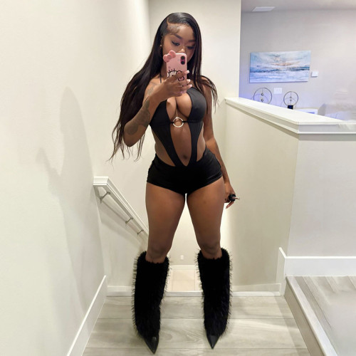 Hollow out backless lace up shorts, hip hugging shorts, hanging neck jumpsuit